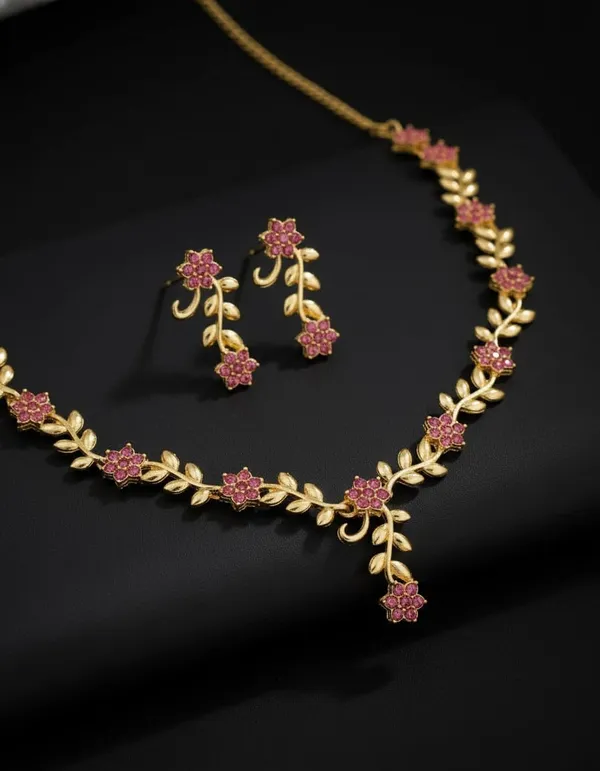 Gold_Plated_Tone_Floral_Necklace_And_Earrings_Set_For_Women
