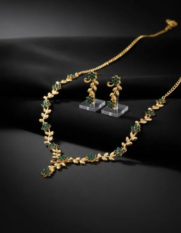 Gold-Plated_Tone_Green_Stone_Necklace_And_Earrings_Set_For_Women