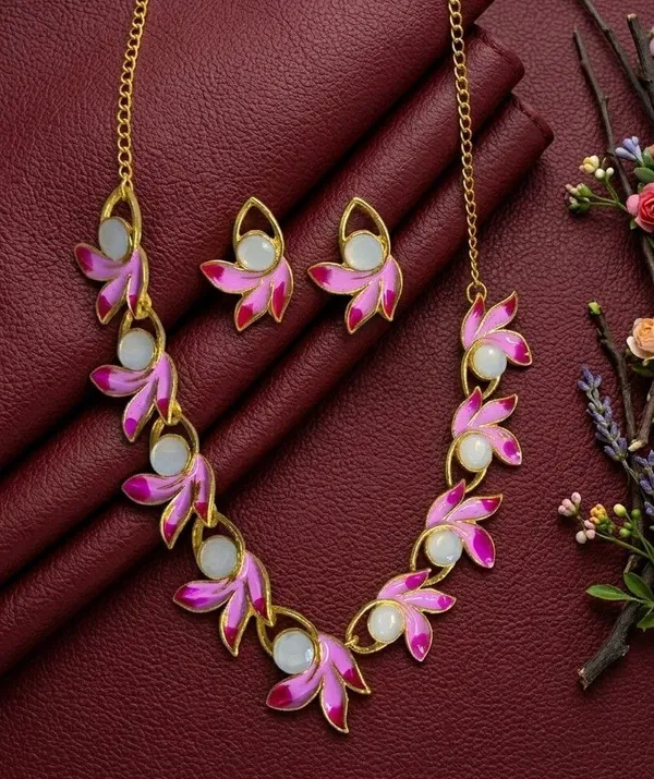 Gold_Plated_Tone_Pink_Floral_Necklace_Set_For_Women