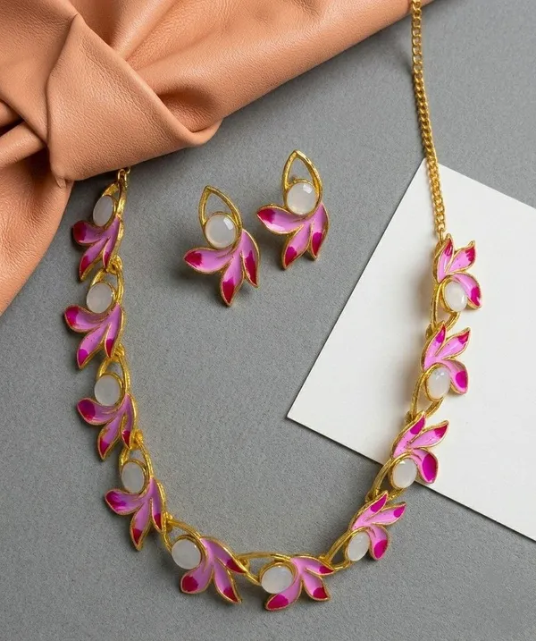 Gold_Plated_Tone_Pink_Floral_Necklace_Set_For_Women