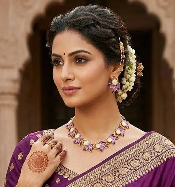 Gold_Plated_Tone_Purple_Floral_Necklace_Set_For_Women