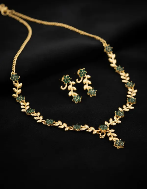 Gold-Plated_Tone_Green_Stone_Necklace_And_Earrings_Set_For_Women