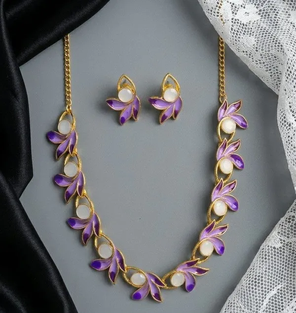 Gold_Plated_Tone_Purple_Floral_Necklace_Set_For_Women