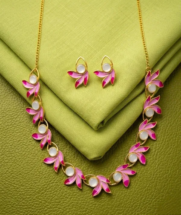 Gold_Plated_Tone_Pink_Floral_Necklace_Set_For_Women