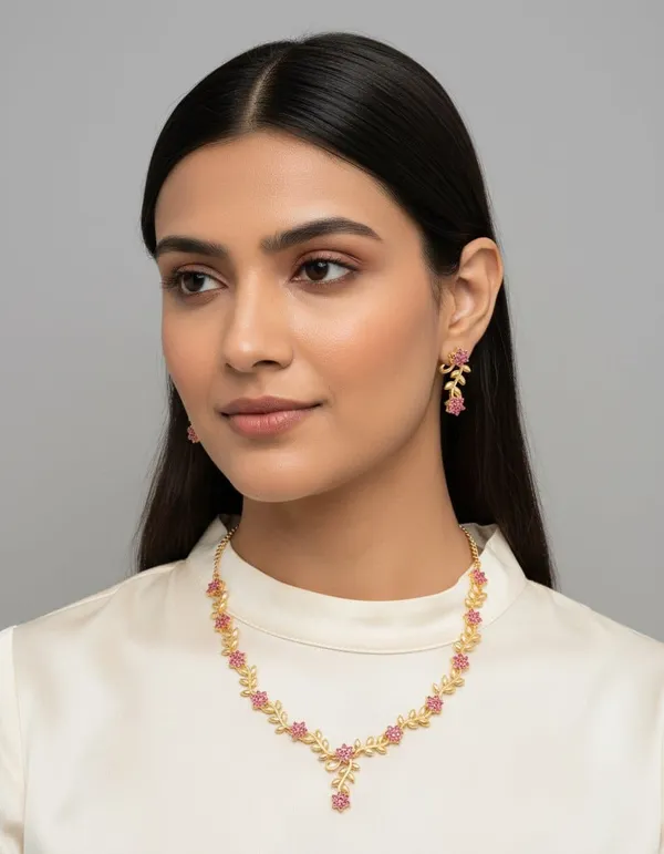 Gold_Plated_Tone_Floral_Necklace_And_Earrings_Set_For_Women