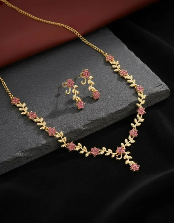 Gold_Plated_Tone_Floral_Necklace_And_Earrings_Set_For_Women