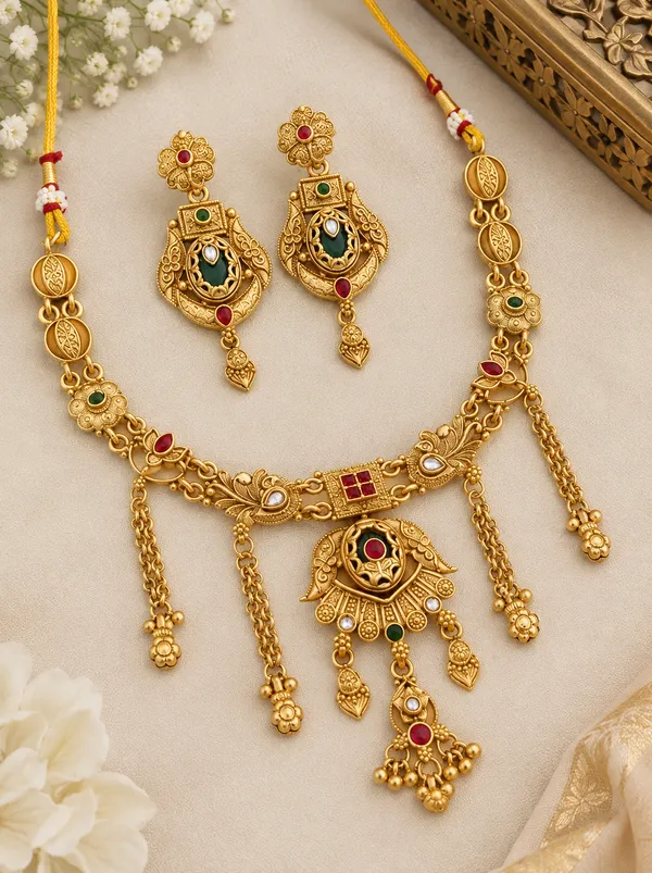 Gold_Plated_Tone_Traditional_Necklace_And_Earrings_Set_For_Women
