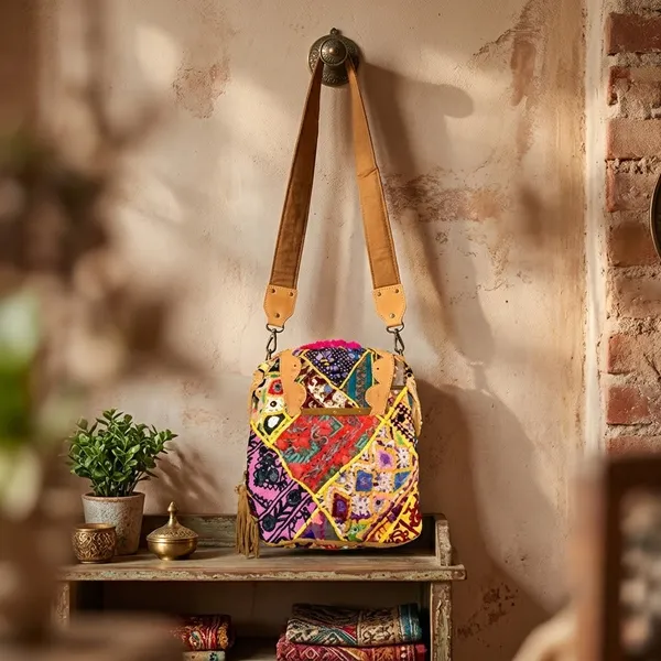Mustard_Cotton_And_Sued_Leather_Banjara_Potli_Bag_For_Women