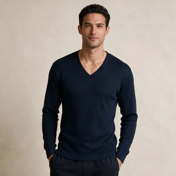 Navy_Wool_Blend_Ribbed_V_Neck_Thermal_Top_For_Adults