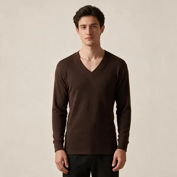 Brown_Wool_Blend_Ribbed_V_Neck_Thermal_Top_For_Adults
