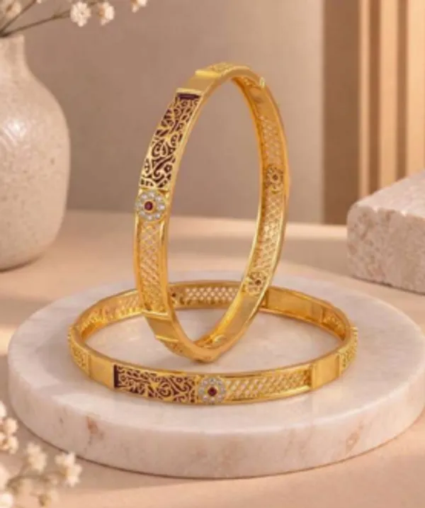 Gold_Alloy_Floral_Motif_Red_Stone_Bangle_Set_For_Women