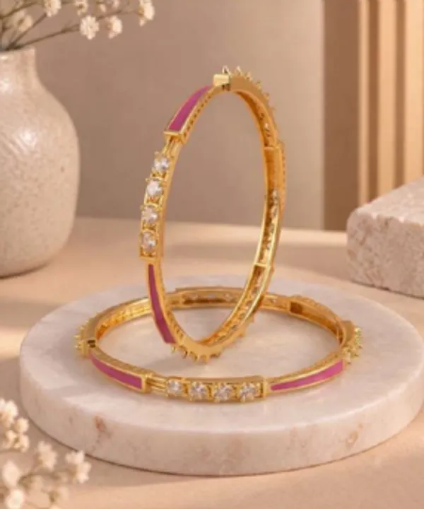 Gold_Alloy_Pink_Enamel_Clear_Stone_Bangle_Set_For_Women