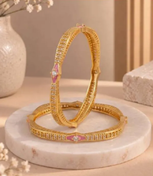 Gold_Alloy_Pink_Enamel_Stone_Accent_Bangle_Set_For_Women
