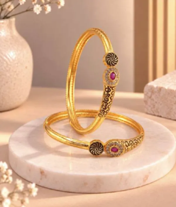 Gold_Alloy_Pink_Stone_Black_Spiral_Bangle_Set_For_Women