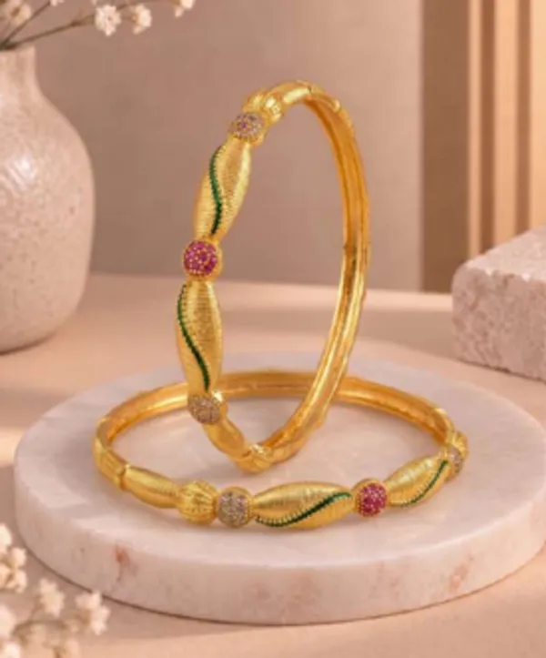 Gold_Alloy_Green_Pink_Stone_Leaf_Bangle_Set_For_Women