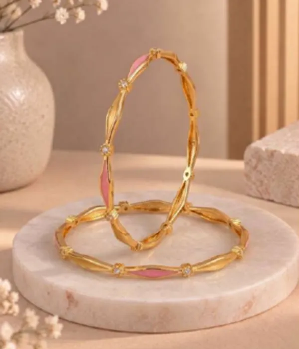 Gold_Alloy_Twisted_Leaf_Pink_Accent_Bangle_Set_For_Women