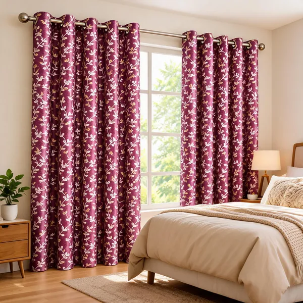 Jacquard_Door_Floral_Vine_Print_Burgundy_Eyelet_Curtain