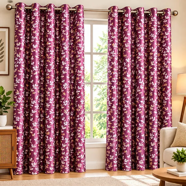 Jacquard_Door_Floral_Vine_Print_Burgundy_Eyelet_Curtain