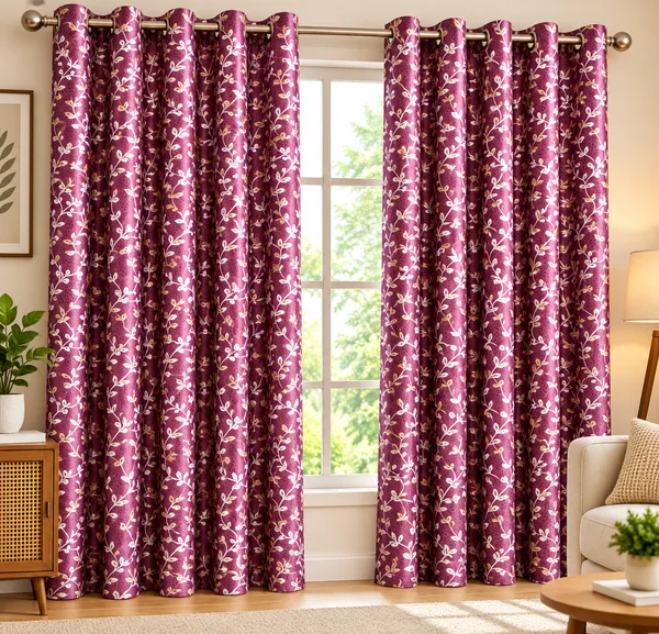 Burgundy_Floral_Print_Eyelet_Curtain_Panels