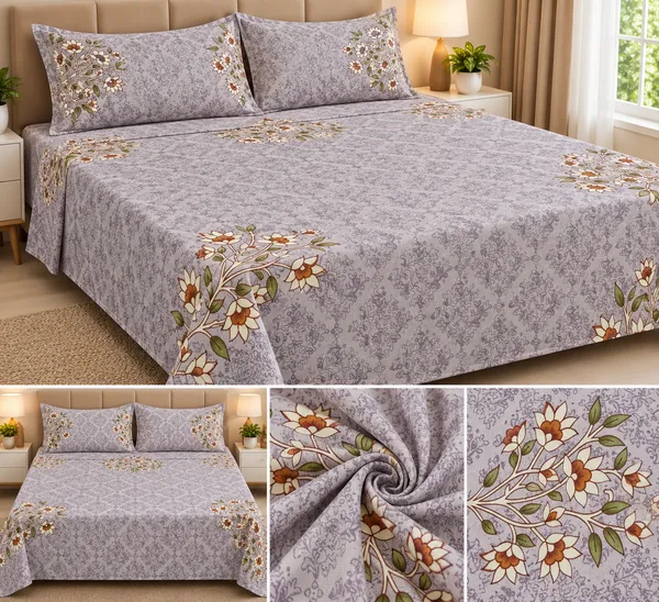 Grey_Printed_Floral_Bedsheet_With_Pillow_Covers