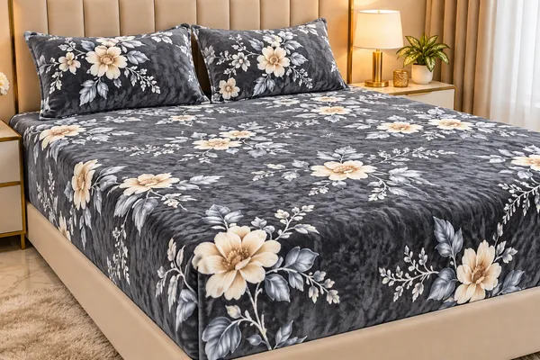 Grey_Floral_Print_Fitted_Bedsheet