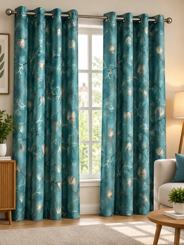 Teal_Botanical_Print_Eyelet_door_Curtains