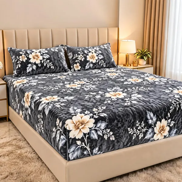 Cotton_Blend_Bedroom_Floral_Print_Grey_Double_Fitted_Bedsheet
