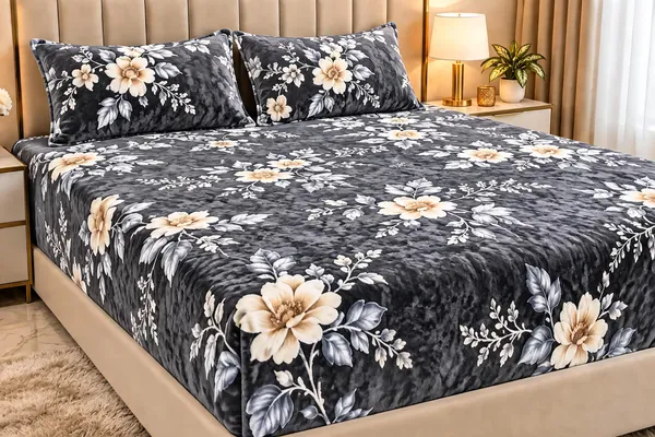 Cotton_Blend_Bedroom_Floral_Print_Grey_Double_Fitted_Bedsheet