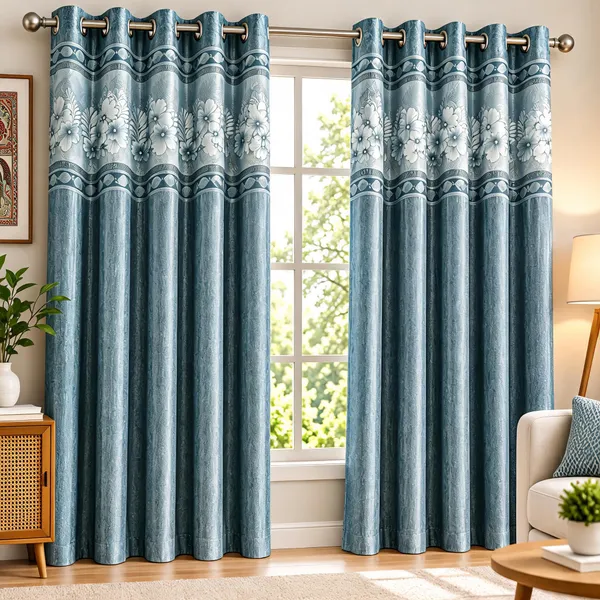 Jacquard_Door_Floral_Print_Blue_Eyelet_Curtain