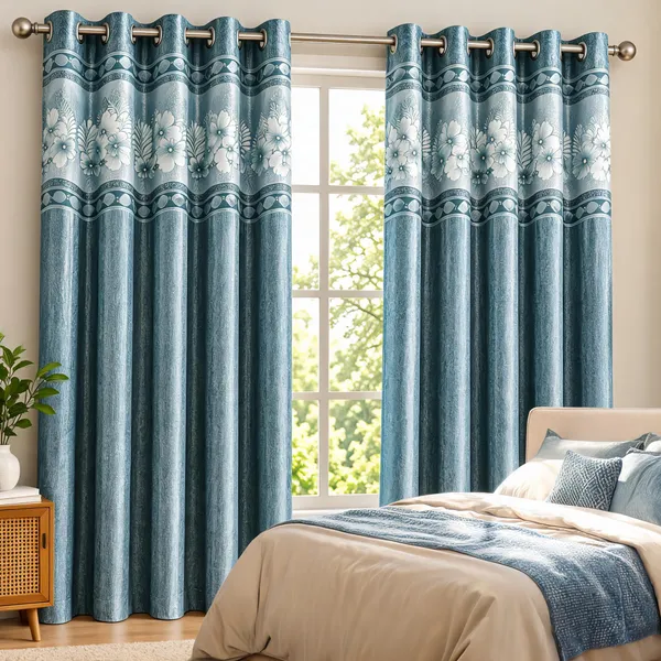 Jacquard_Door_Floral_Print_Blue_Eyelet_Curtain