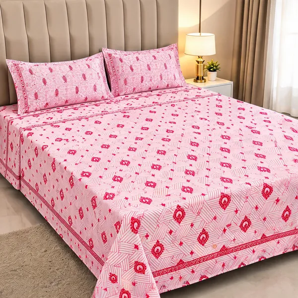 Cotton_Blend_Bedroom_Geometric_Floral_Print_Pink_Double_Bedsheet