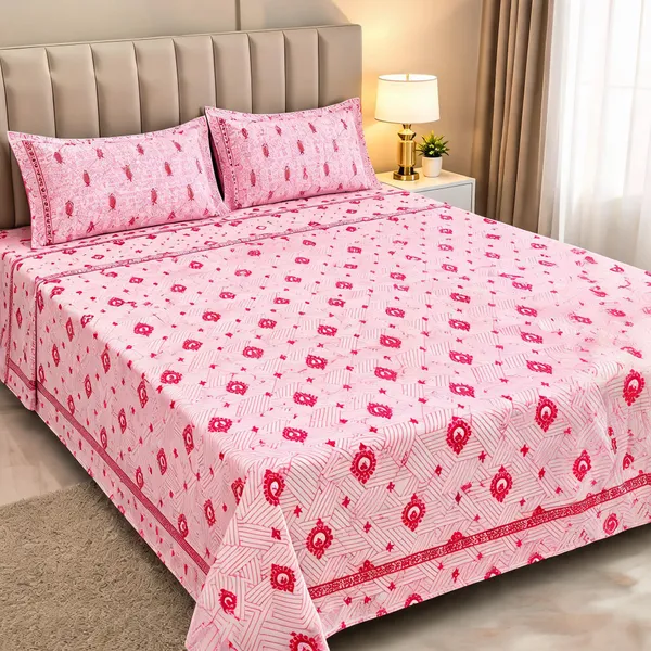 Cotton_Blend_Bedroom_Geometric_Floral_Print_Pink_Double_Bedsheet