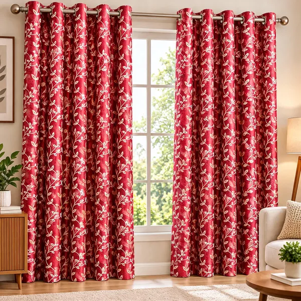 Jacquard_Door_Floral_Vine_Print_Red_Eyelet_Curtain