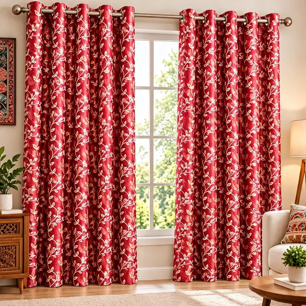 Jacquard_Door_Floral_Vine_Print_Red_Eyelet_Curtain