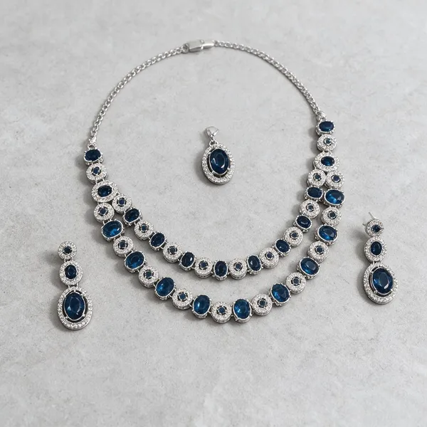 Silver-Tone_Blue_Stone_Necklace_Set_With_Earrings