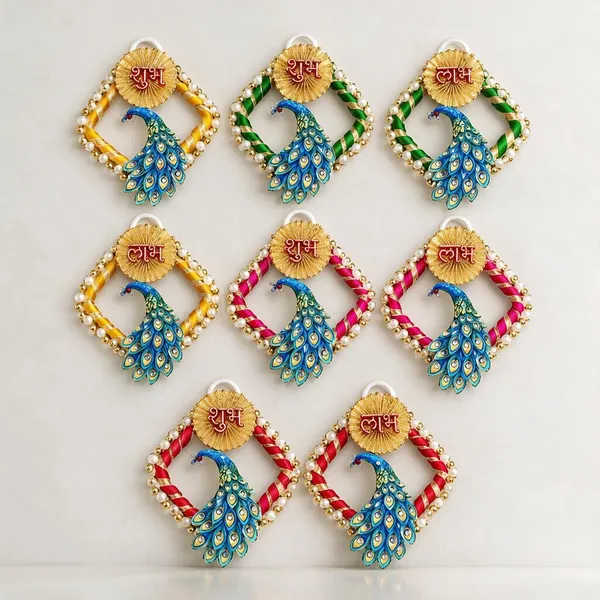 Traditional_Peacock_Shubh_Labh_Wall_Hanging_Set_Of_8
