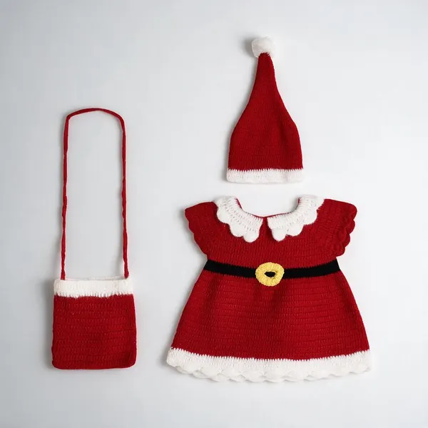 Red_Sleeveless_Christmas_Santa_Dress_With_Bag_And_Cap_Crochet_For_Girls