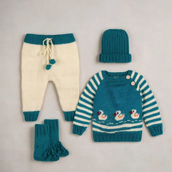 Multicolor_Unisex_Full_Sleeves_Sweater_With_Pajama_Set_Cap_And_Booties_Knitted_For_Kids