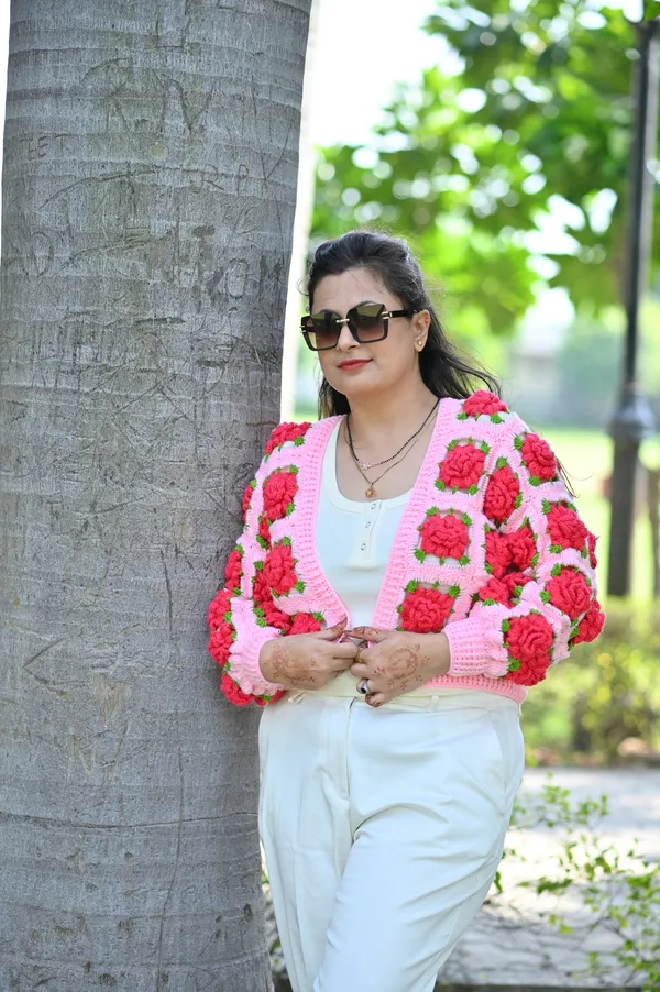 Self_Design_Embroidered_Cardigan_,Has_A_Lapel_Collar,_Long_Sleeves,_Button_Closure,_Straight_Hem