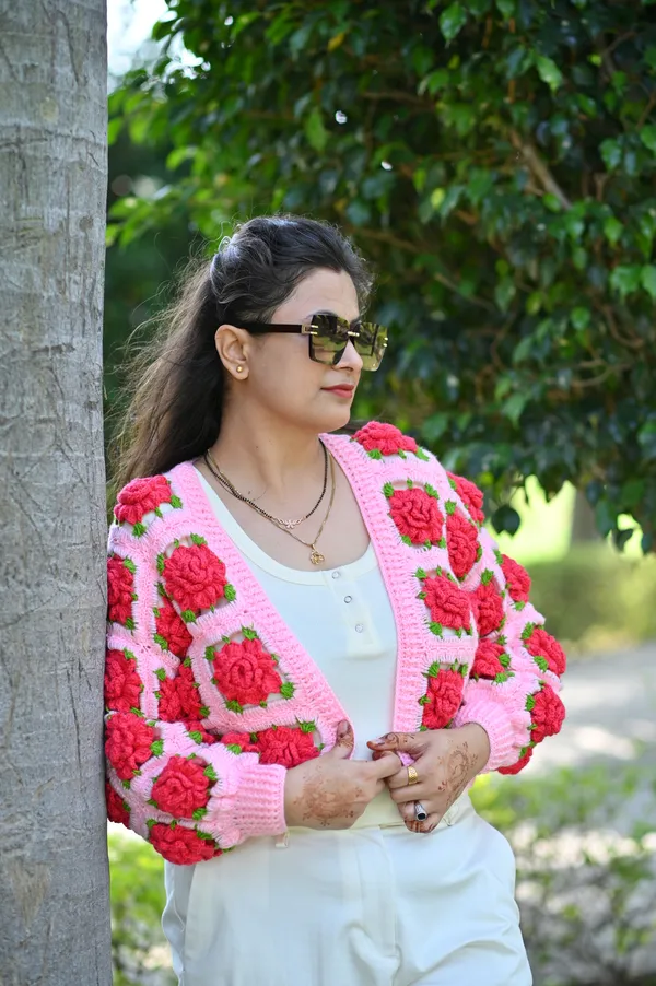 Self_Design_Embroidered_Cardigan_,Has_A_Lapel_Collar,_Long_Sleeves,_Button_Closure,_Straight_Hem
