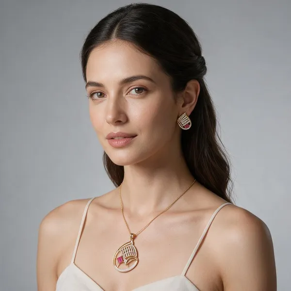 Gold_Tone_Rhinestone_Pink_Stone_Pendant_And_Earring_Set_For_Women