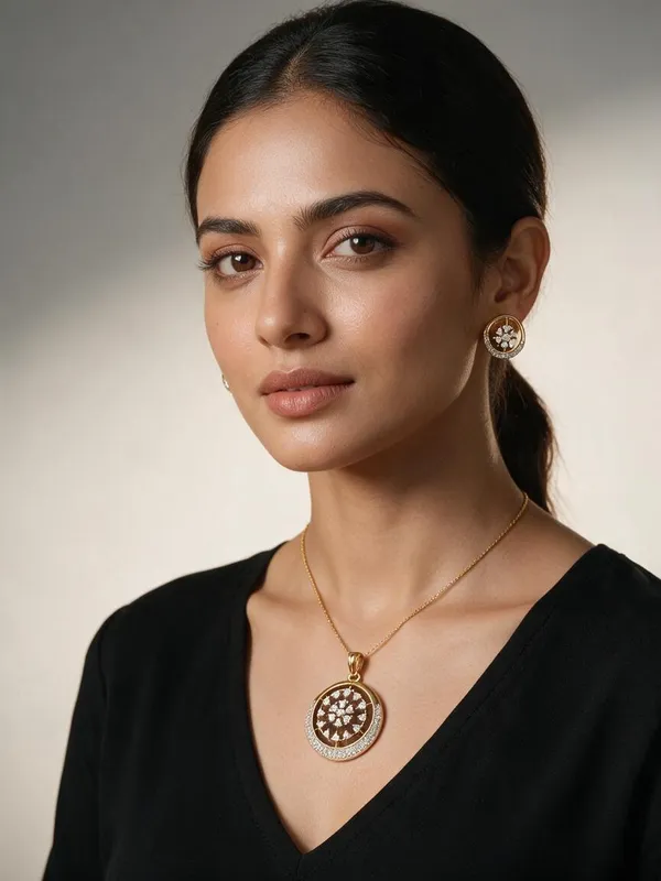 Gold_Tone_Floral_Clear_Stone_Pendant_And_Earrings_Set_For_Women
