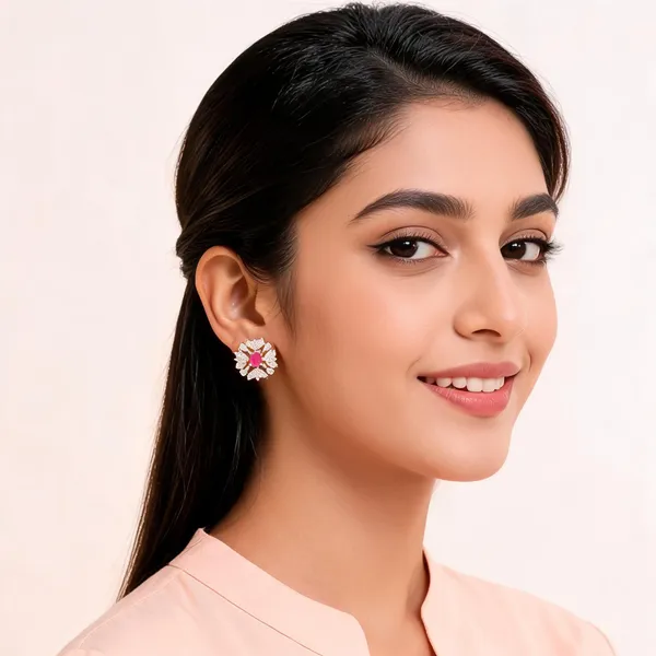Pink_Gold_Tone_Floral_Stone_Stud_Earrings_For_Women
