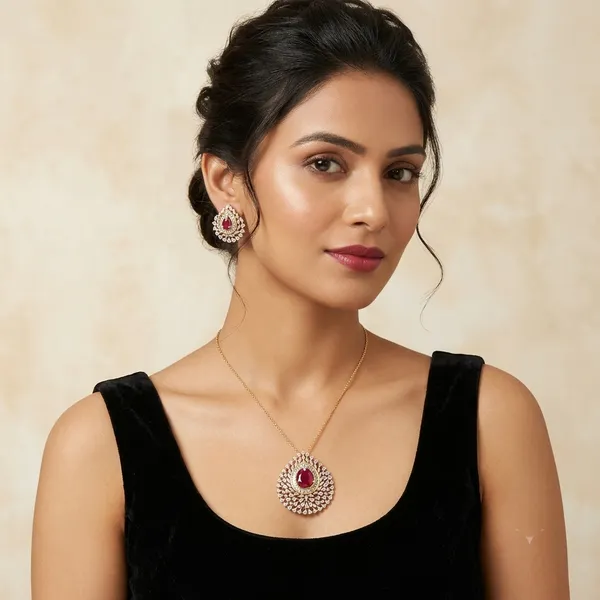 Gold_Tone_Ruby_Red_Teardrop_Stone_Pendant_Earrings_Set_For_Women