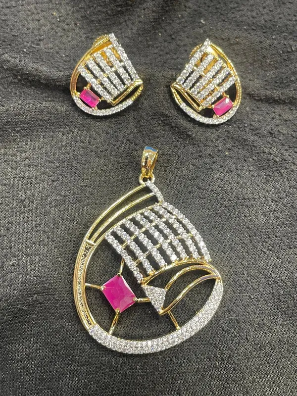 Gold_Tone_Rhinestone_Pink_Stone_Pendant_And_Earring_Set_For_Women