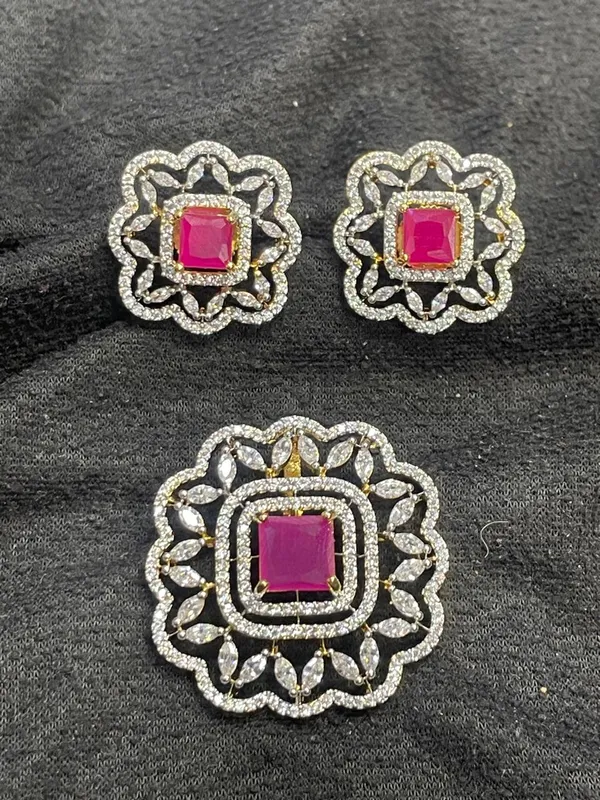 Pink_Gold_Tone_Square_Stone_Floral_Pendant_Earrings_Set_For_Women