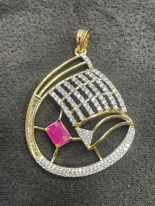 Gold_Tone_Rhinestone_Pink_Stone_Pendant_And_Earring_Set_For_Women