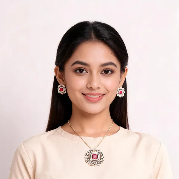 Pink_Gold_Tone_Square_Stone_Floral_Pendant_Earrings_Set_For_Women