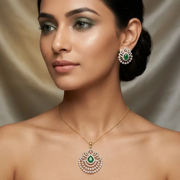 Green_Gold_Tone_Floral_Teardrop_Stone_Pendant_Earrings_Set_For_Women