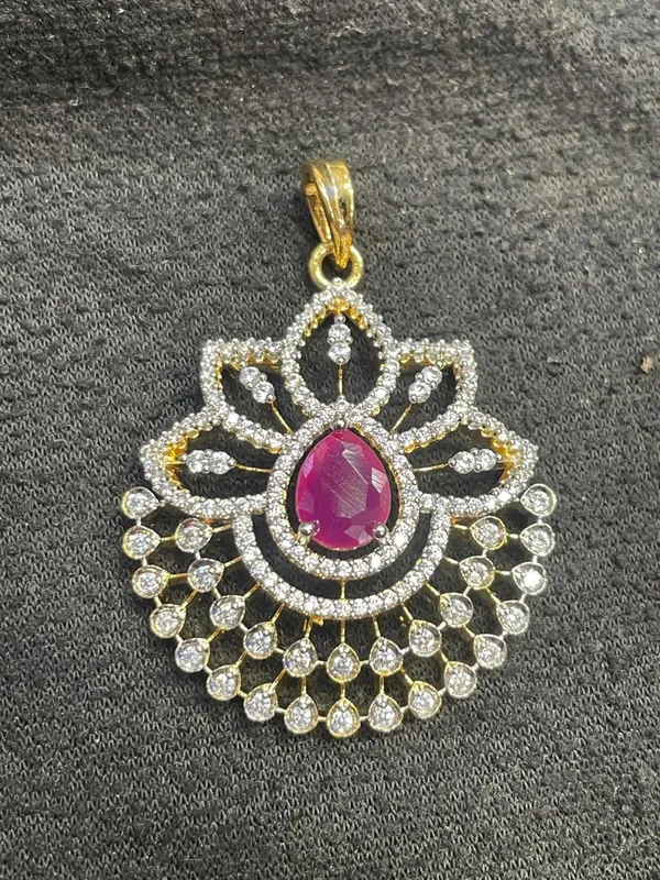 Gold_Tone_Magenta_Stone_Floral_Pendant_And_Earrings_Set_For_Women